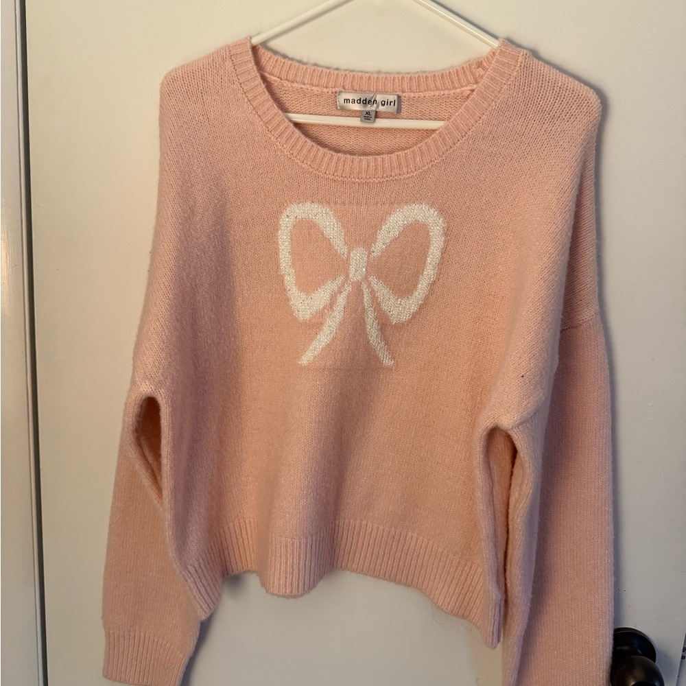 Blush Pink Sweater with Bow Accent